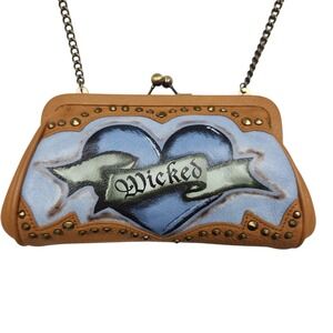 Isabella Fiore Wicked Shoulder Bag Clutch Purse Chain Tan Leather Heart Tattoo